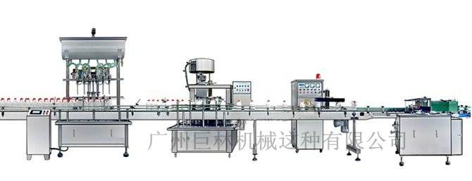 直列式裝機、自動鎖蓋機、鋁箔封口、糨糊貼標灌裝線 